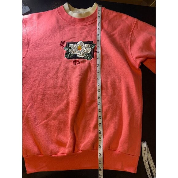 Vintage 90s Flower Embroidered Top Stitch Pink Pullover Sweatshirt Top - Picture 8 of 9